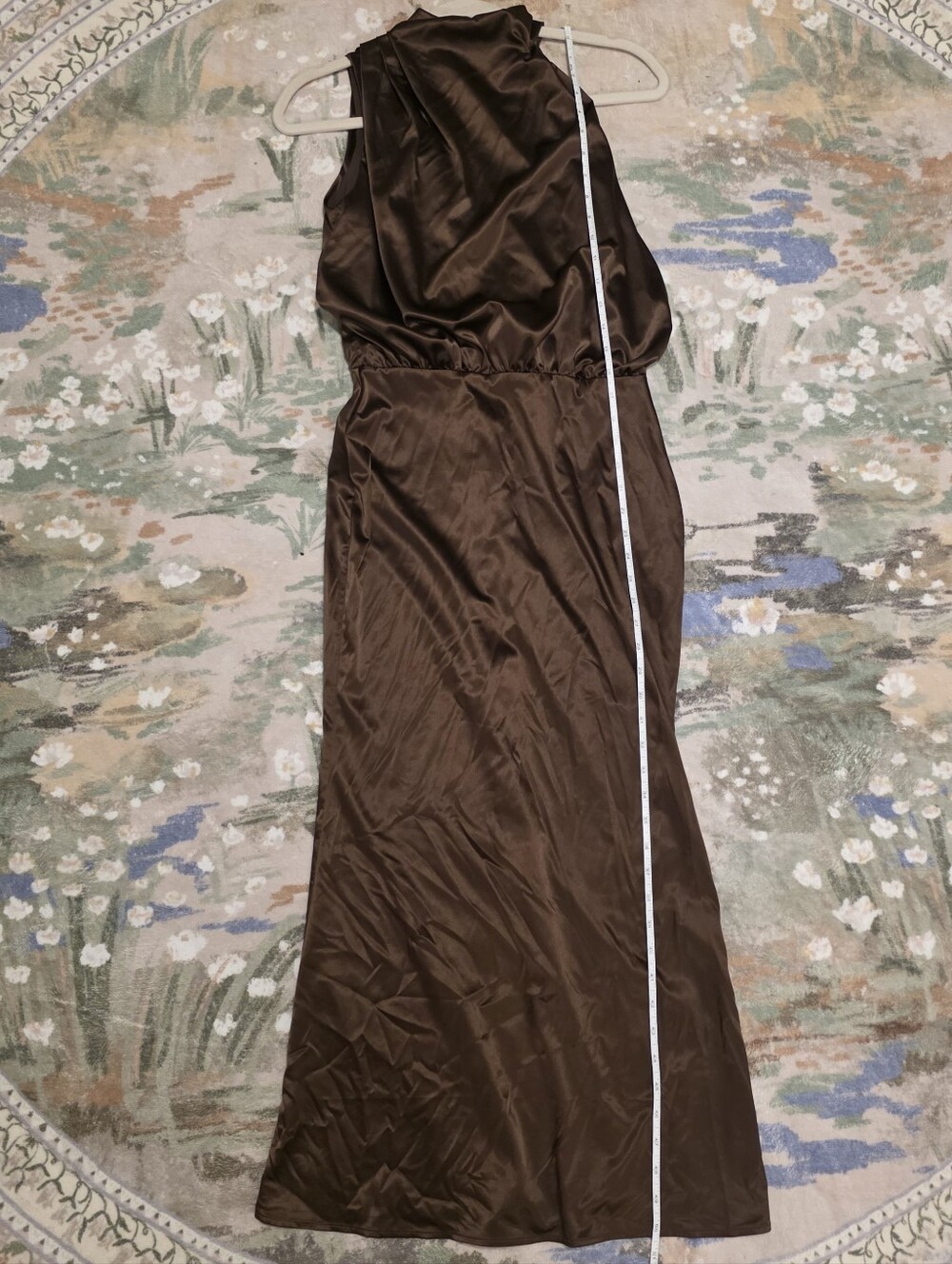 Cherley Chocolate Satin Asymmetrical High-Neck Midi Dress - Picture 6 of 9